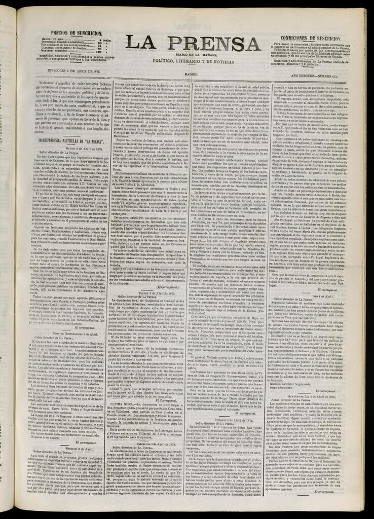 Miniatura de La Prensa : diario de la mañana : político, literario y de noticias del 9 de abril de 1873, nº 619