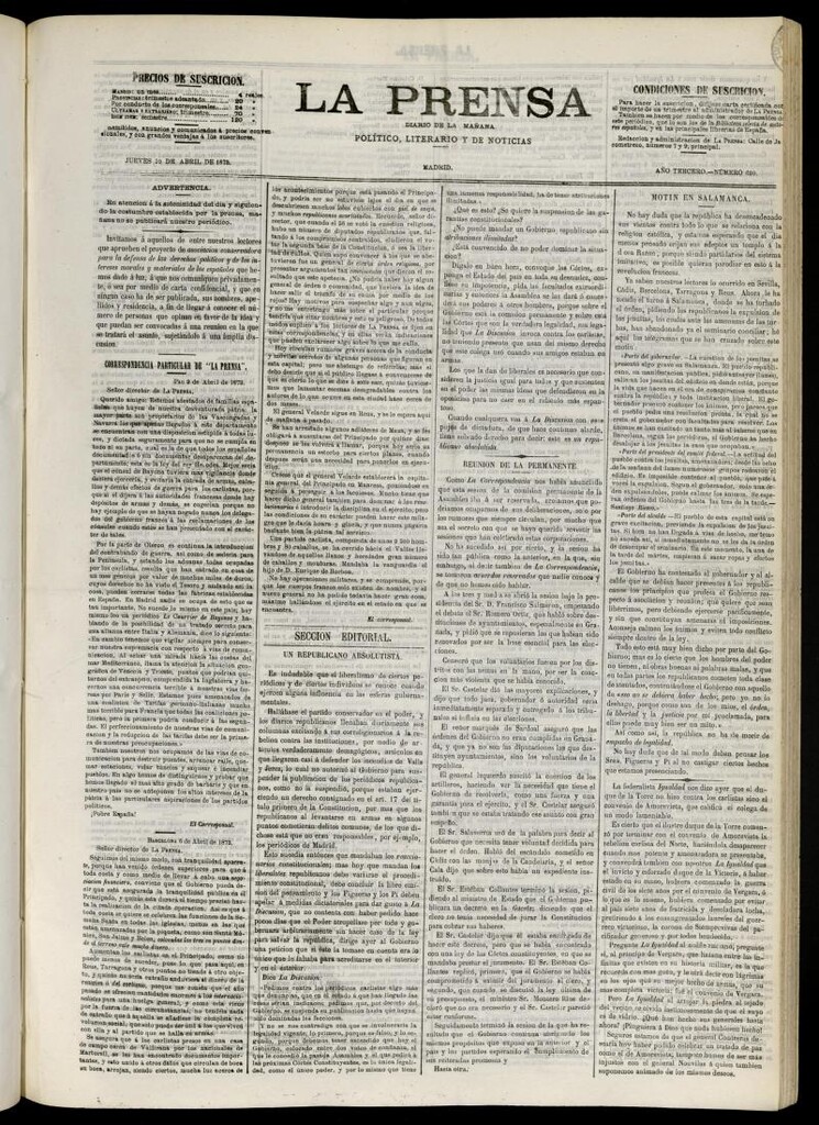 Miniatura de La Prensa : diario de la mañana : político, literario y de noticias del 10 de abril de 1873, nº 620