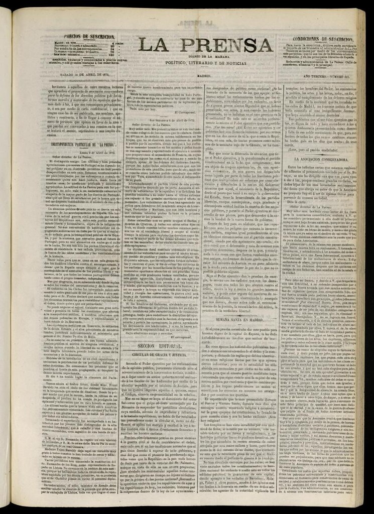 Miniatura de La Prensa : diario de la mañana : político, literario y de noticias del 12 de abril de 1873, nº 621