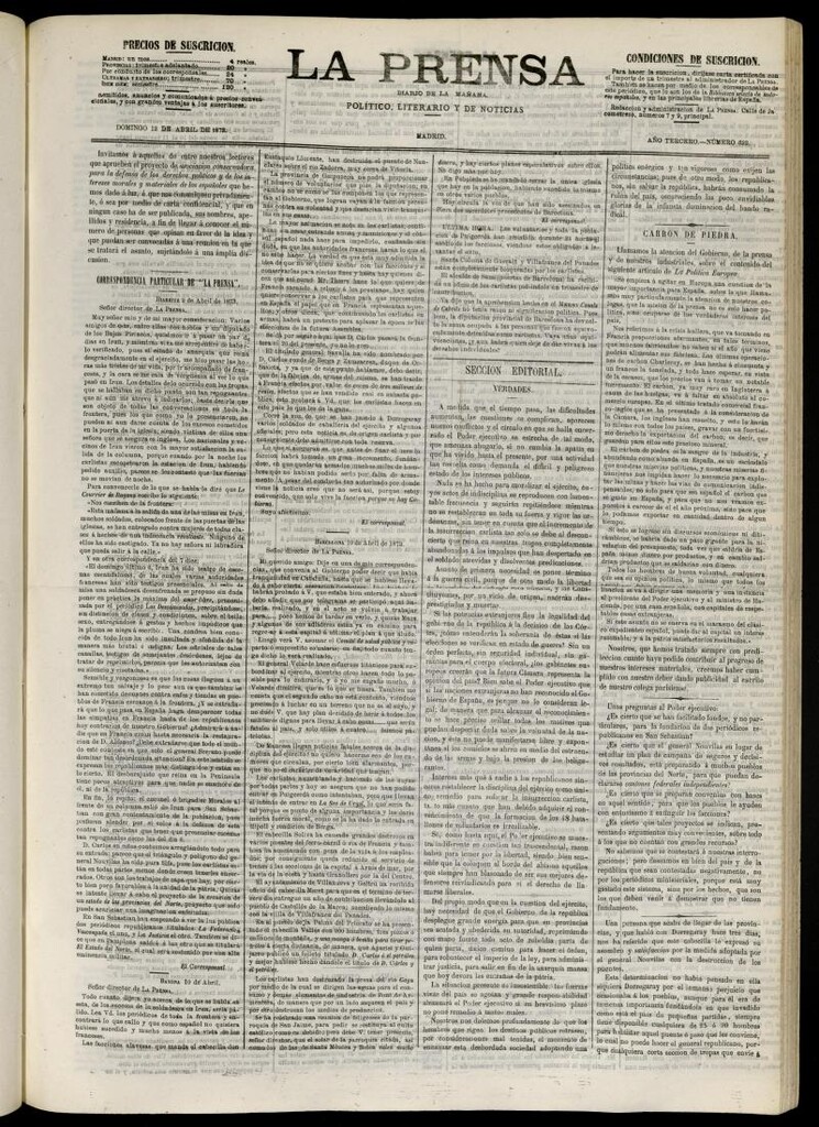 Miniatura de La Prensa : diario de la mañana : político, literario y de noticias del 13 de abril de 1873, nº 622
