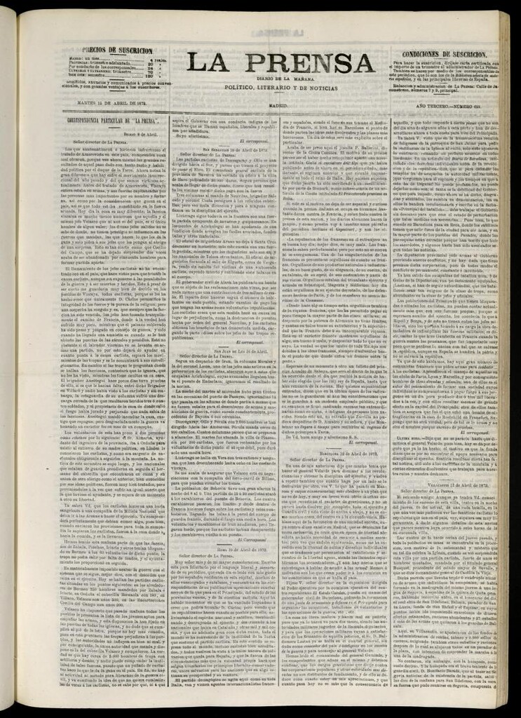 Miniatura de La Prensa : diario de la mañana : político, literario y de noticias del 15 de abril de 1873, nº 623