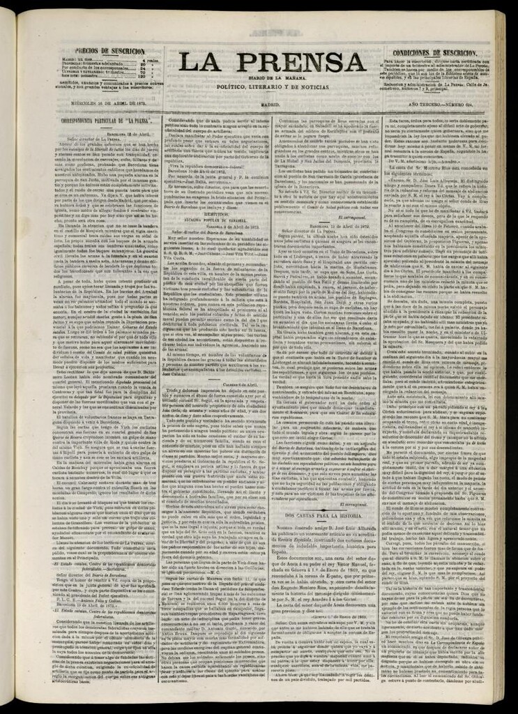 Miniatura de La Prensa : diario de la mañana : político, literario y de noticias del 16 de abril de 1873, nº 624