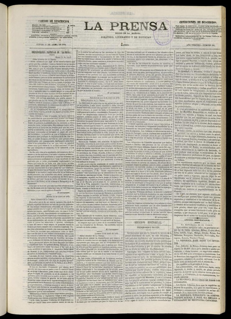Miniatura de La Prensa : diario de la mañana : político, literario y de noticias del 17 de abril de 1873, nº 625