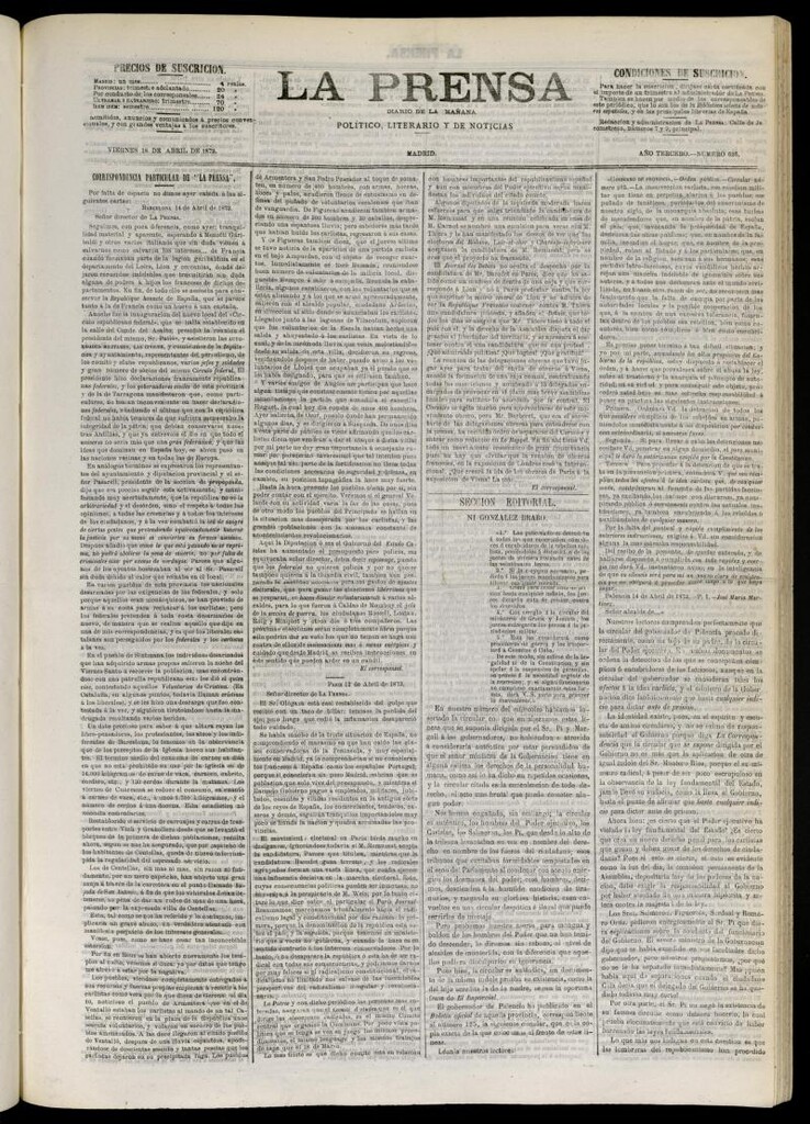 Miniatura de La Prensa : diario de la mañana : político, literario y de noticias del 18 de abril de 1873, nº 626