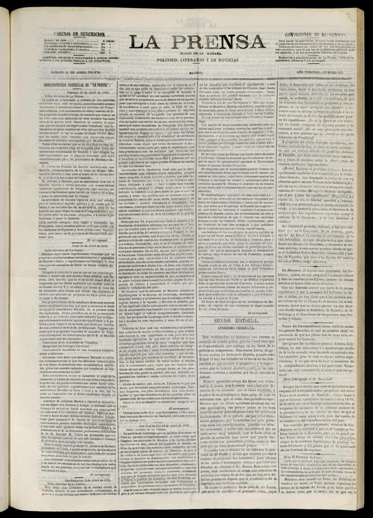 Miniatura de La Prensa : diario de la mañana : político, literario y de noticias del 19 de abril de 1873, nº 627