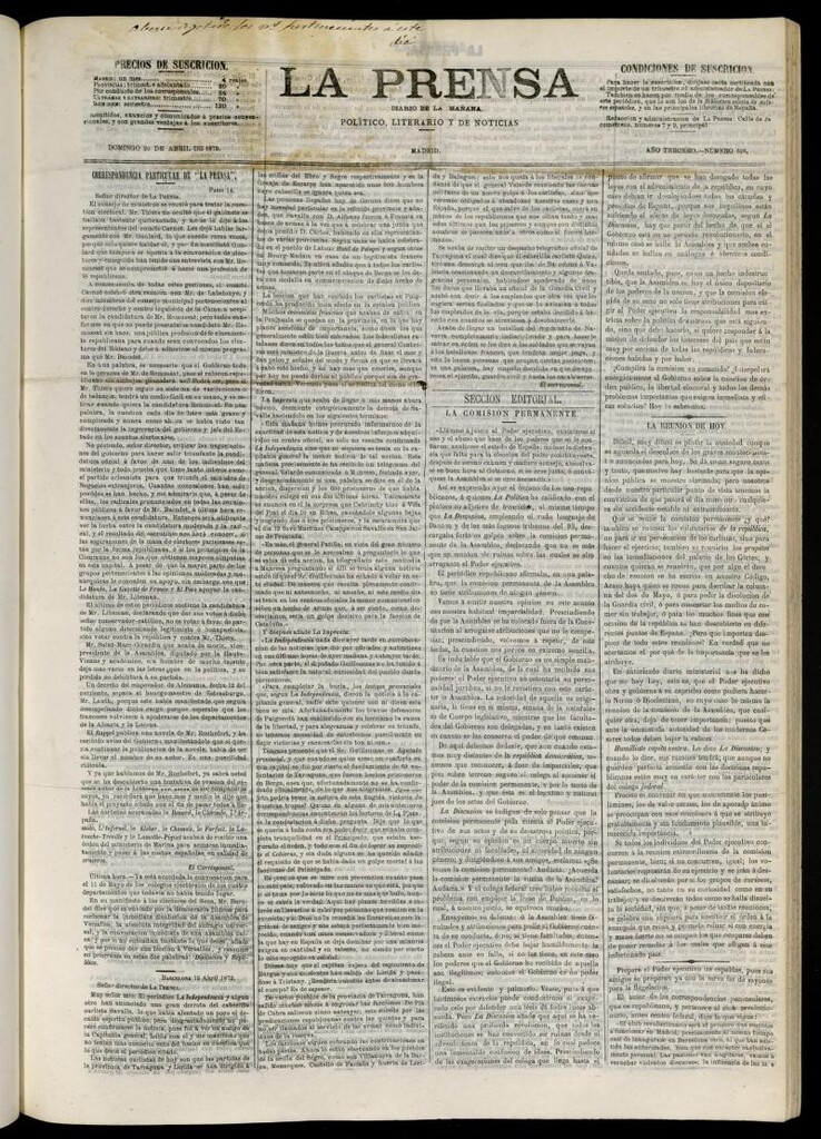 Miniatura de La Prensa : diario de la mañana : político, literario y de noticias del 20 de abril de 1873, nº 628