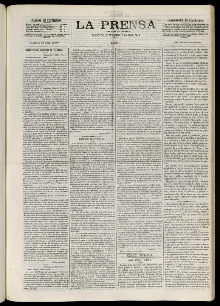 Miniatura de La Prensa : diario de la mañana : político, literario y de noticias del 22 de abril de 1873, nº 629