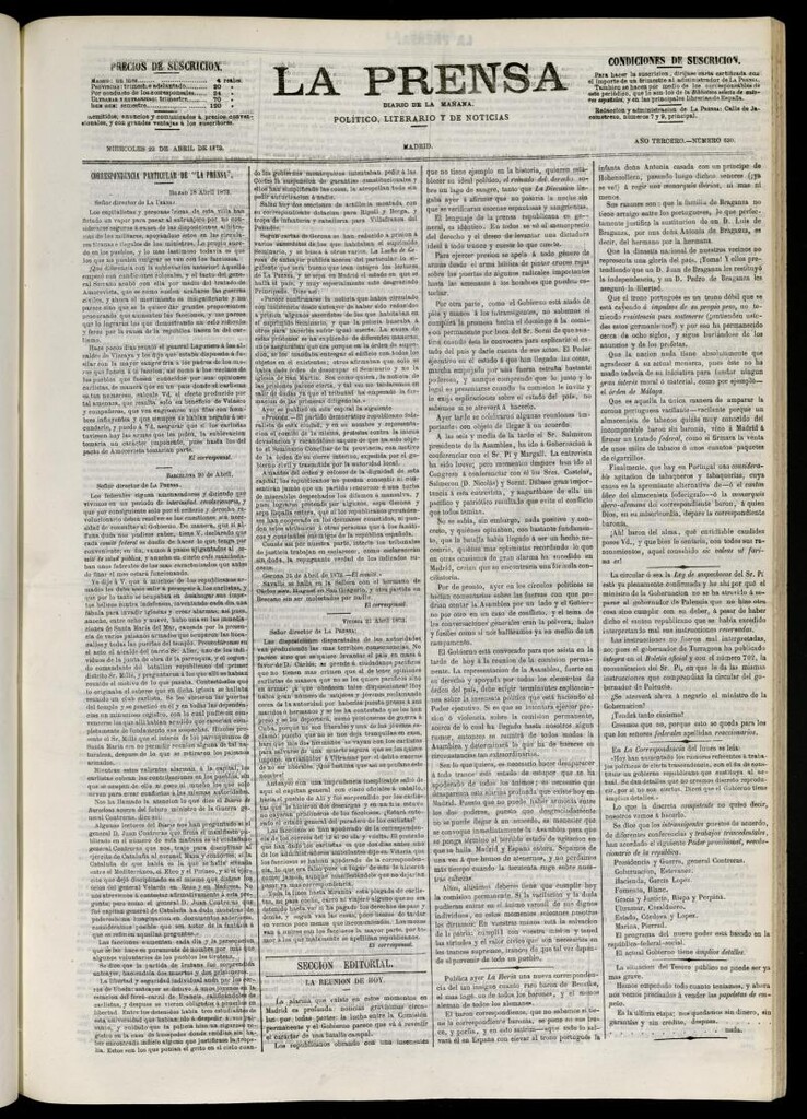 Miniatura de La Prensa : diario de la mañana : político, literario y de noticias del 23 de abril de 1873, nº 630