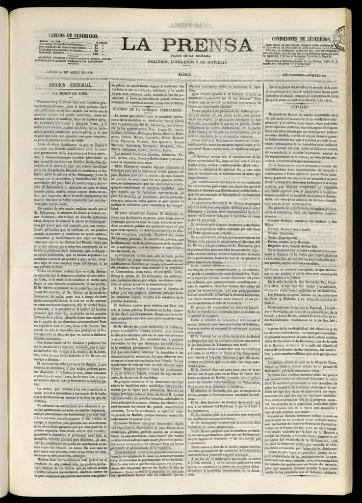 Miniatura de La Prensa : diario de la mañana : político, literario y de noticias del 24 de abril de 1873, nº 631