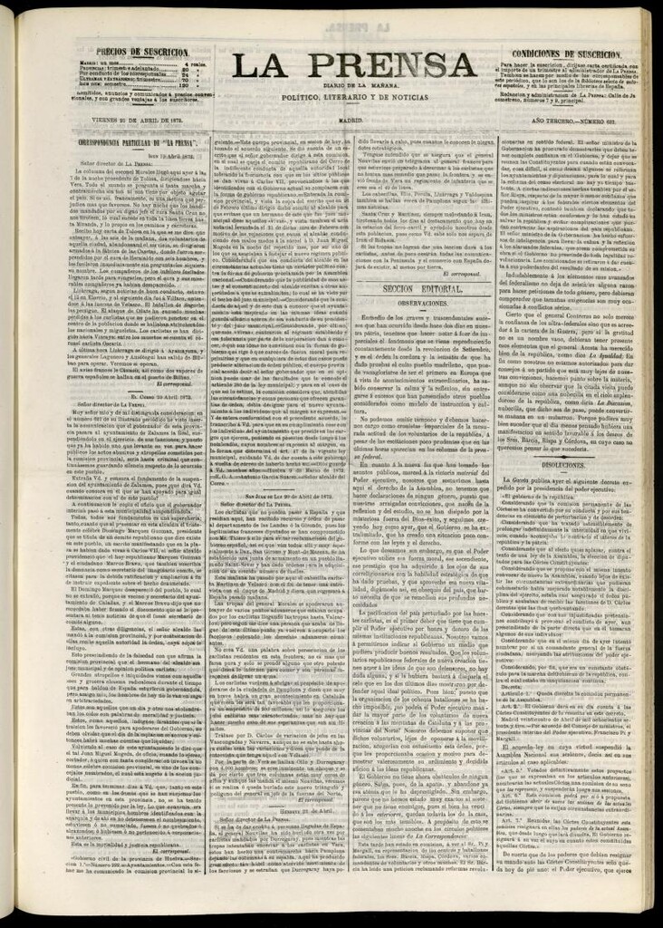 Miniatura de La Prensa : diario de la mañana : político, literario y de noticias del 25 de abril de 1873, nº 632