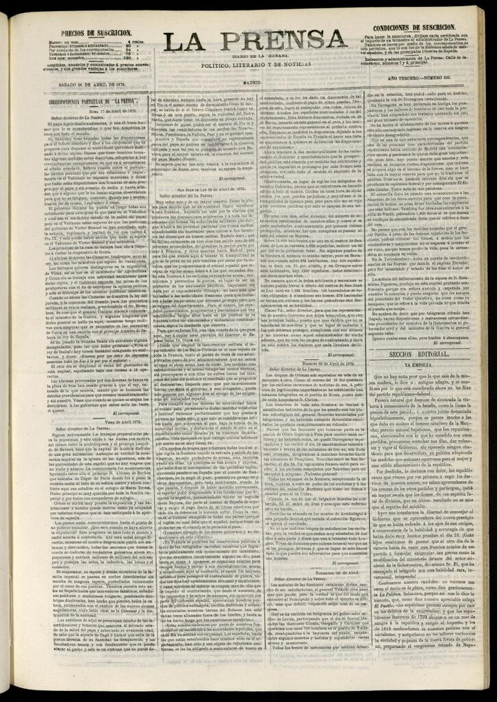 Miniatura de La Prensa : diario de la mañana : político, literario y de noticias del 26 de abril de 1873, nº 633