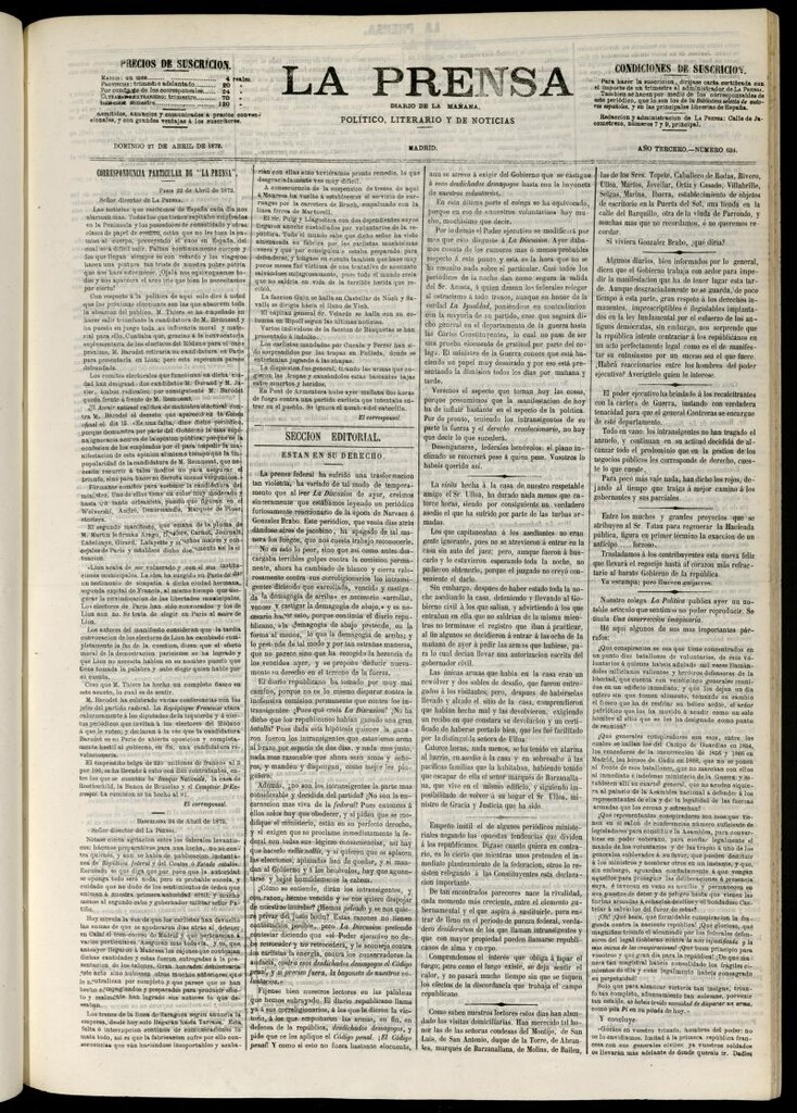Miniatura de La Prensa : diario de la mañana : político, literario y de noticias del 27 de abril de 1873, nº 634