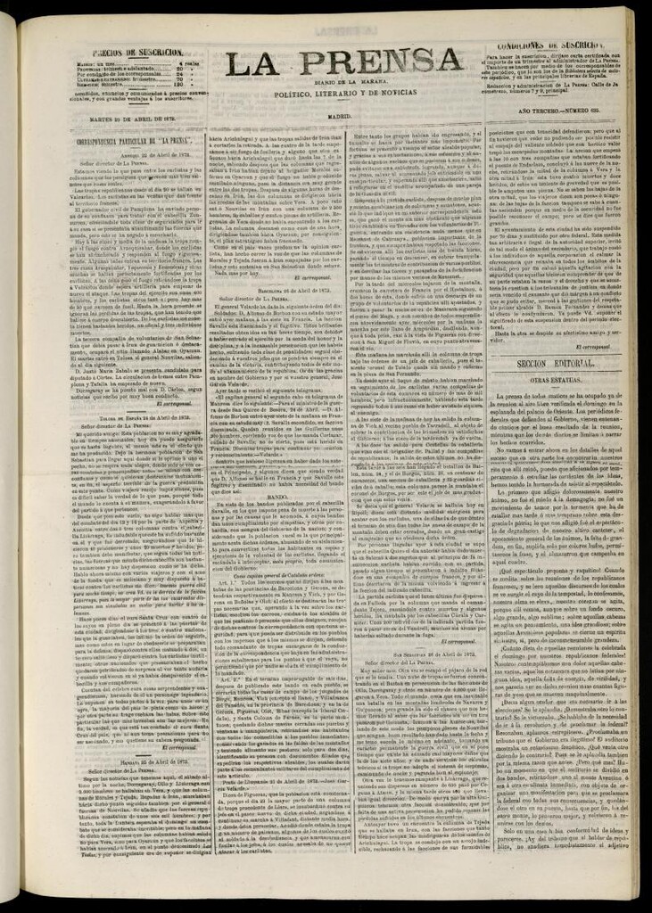 Miniatura de La Prensa : diario de la mañana : político, literario y de noticias del 28 de abril de 1873, nº 635