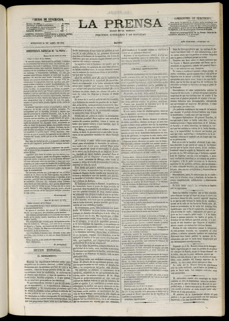 Miniatura de La Prensa : diario de la mañana : político, literario y de noticias del 30 de abril de 1873, nº 636