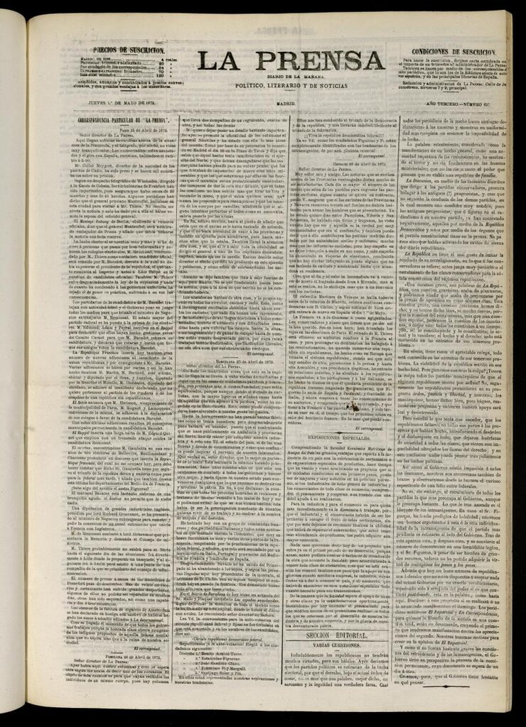 Miniatura de La Prensa : diario de la mañana : político, literario y de noticias del 1 de mayo de 1873, nº 637