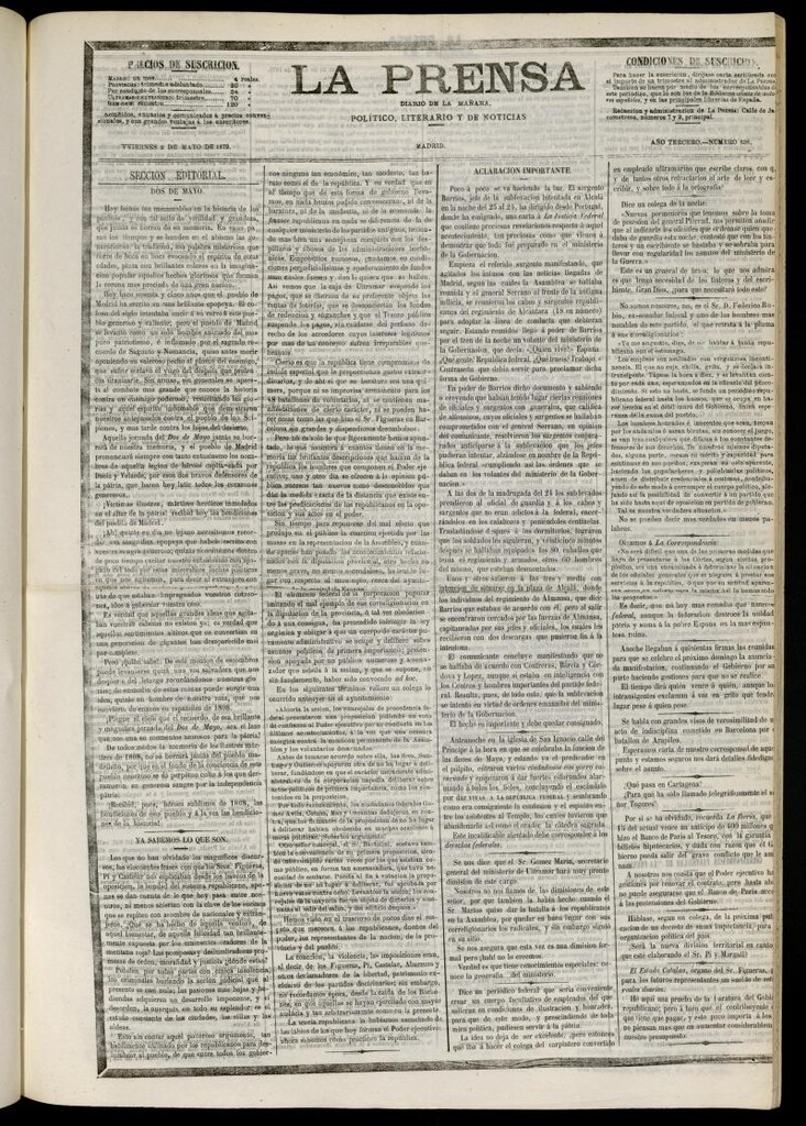 Miniatura de La Prensa : diario de la mañana : político, literario y de noticias del 2 de mayo de 1873, nº 638