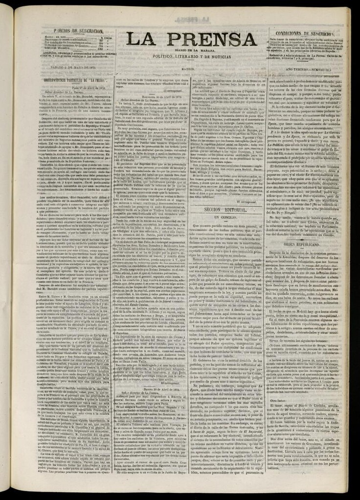 Miniatura de La Prensa : diario de la mañana : político, literario y de noticias del 3 de mayo de 1873, nº 639