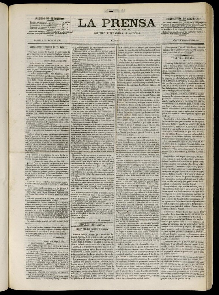Miniatura de La Prensa : diario de la mañana : político, literario y de noticias del 6 de mayo de 1873, nº 641