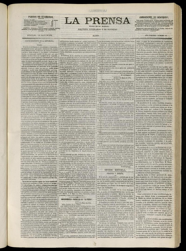 Miniatura de La Prensa : diario de la mañana : político, literario y de noticias del 7 de mayo de 1873, nº 642