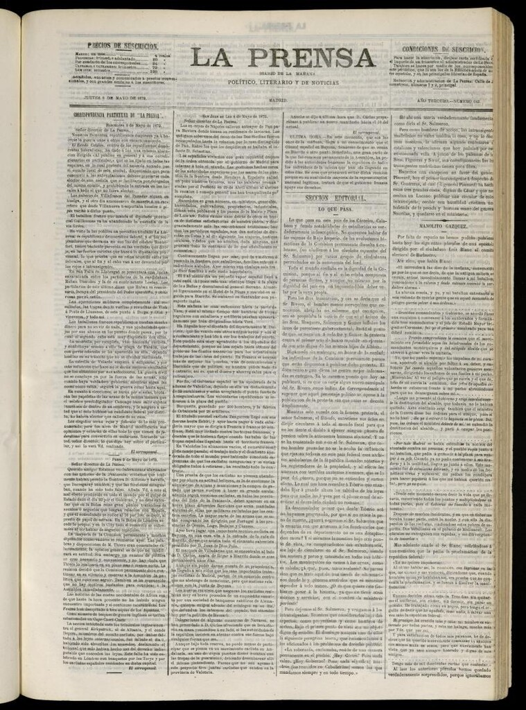 Miniatura de La Prensa : diario de la mañana : político, literario y de noticias del 8 de mayo de 1873, nº 643