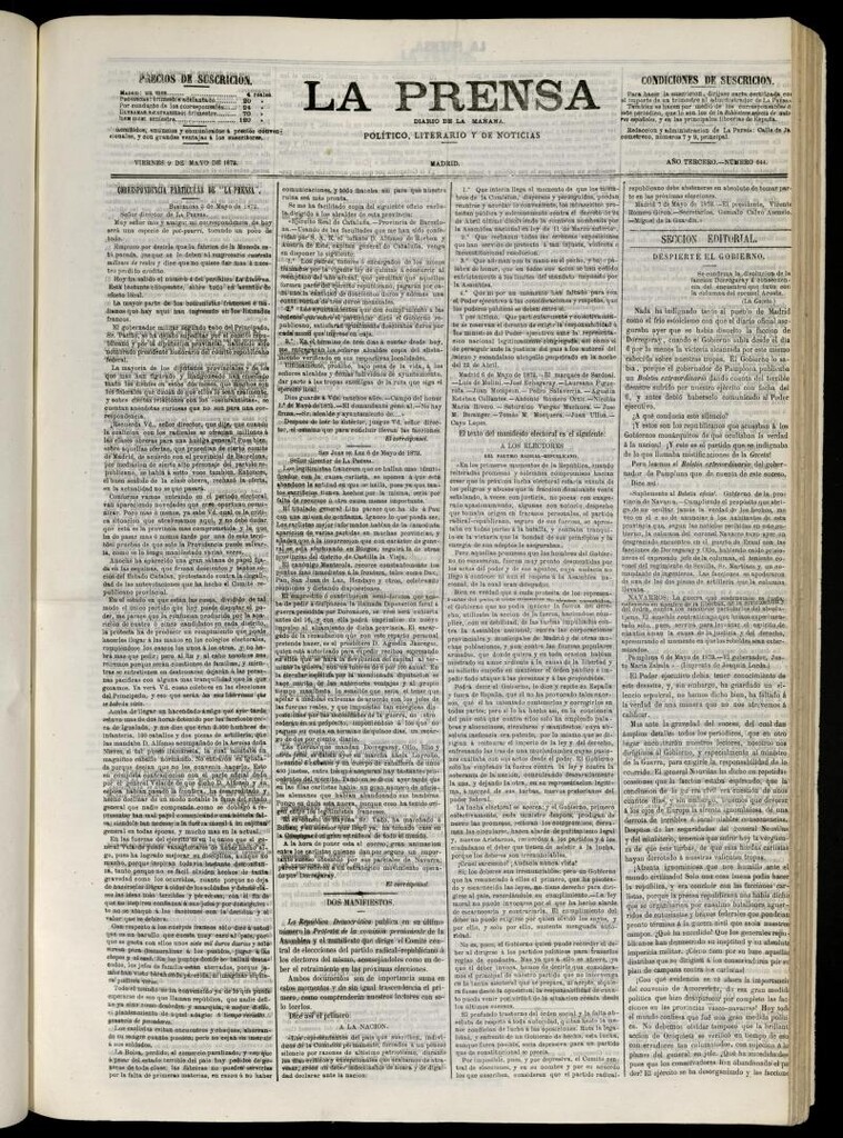 Miniatura de La Prensa : diario de la mañana : político, literario y de noticias del 9 de mayo de 1873, nº 644