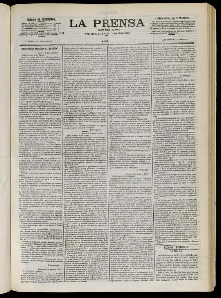 Miniatura de La Prensa : diario de la mañana : político, literario y de noticias del 10 de mayo de 1873, nº 645