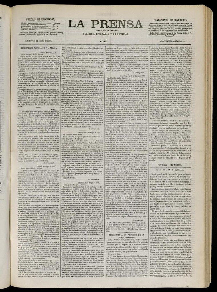 Miniatura de La Prensa : diario de la mañana : político, literario y de noticias del 11 de mayo de 1873, nº 646