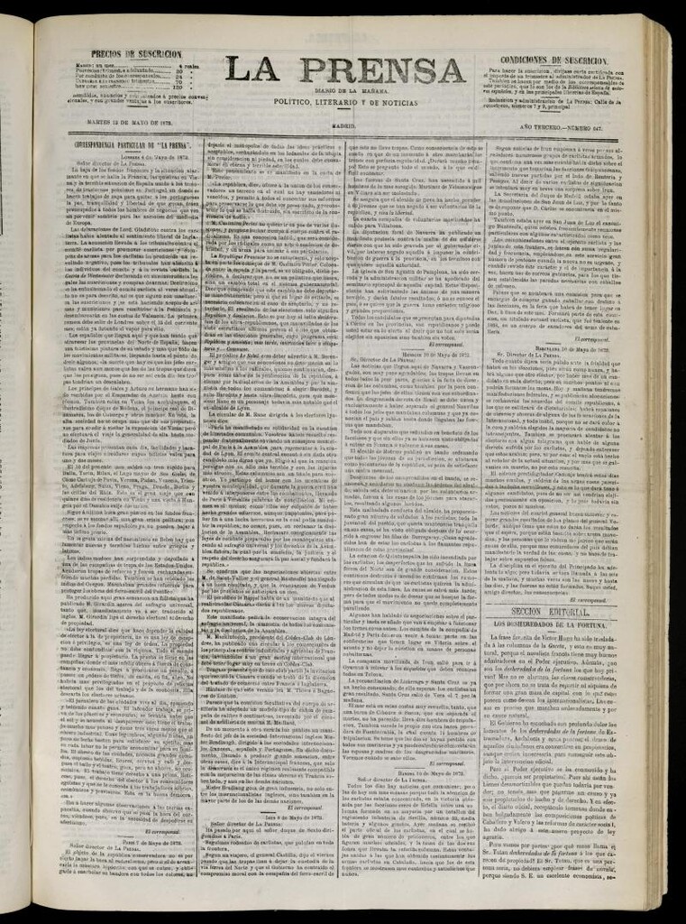 Miniatura de La Prensa : diario de la mañana : político, literario y de noticias del 13 de mayo de 1873, nº 647