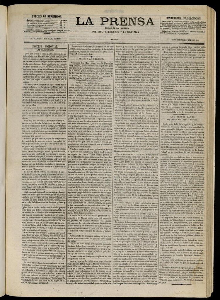 Miniatura de La Prensa : diario de la mañana : político, literario y de noticias del 14 de mayo de 1873, nº 648