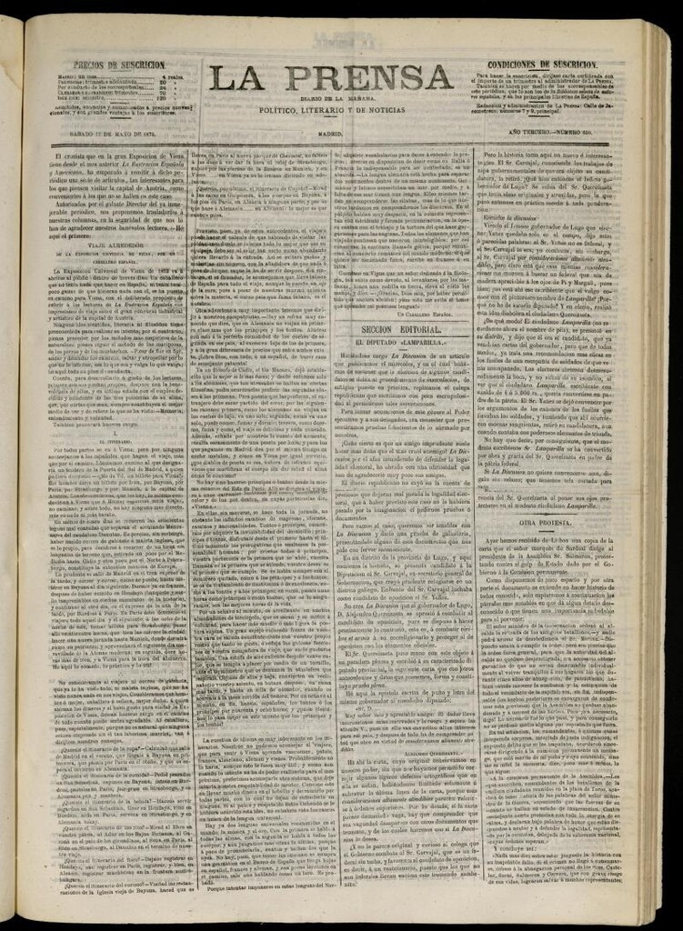 Miniatura de La Prensa : diario de la mañana : político, literario y de noticias del 17 de mayo de 1873, nº 650