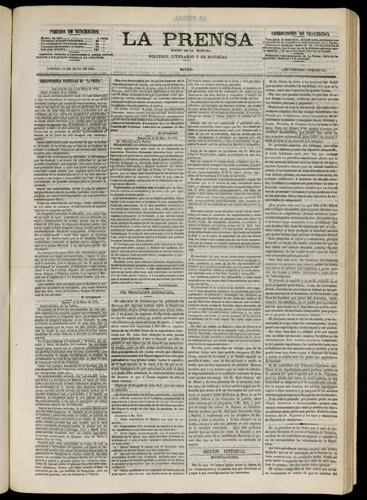 Miniatura de La Prensa : diario de la mañana : político, literario y de noticias del 18 de mayo de 1873, nº 651
