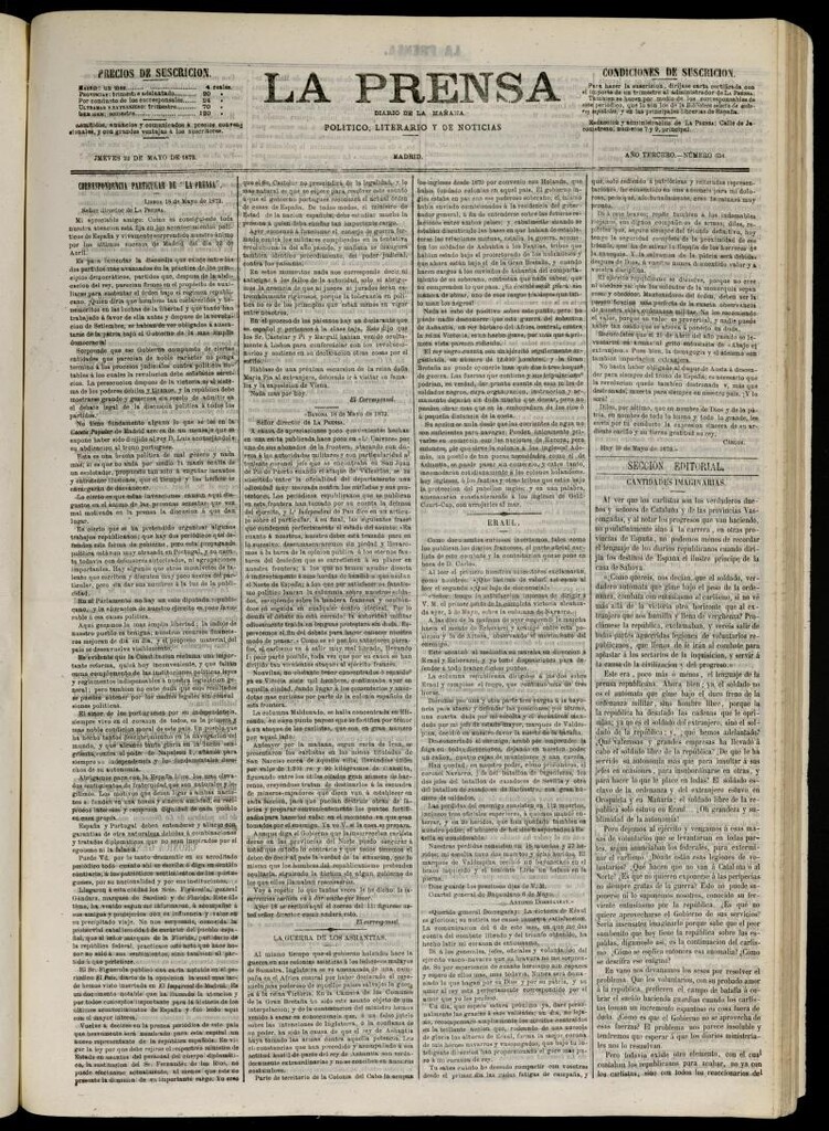 Miniatura de La Prensa : diario de la mañana : político, literario y de noticias del 22 de mayo de 1873, nº 654