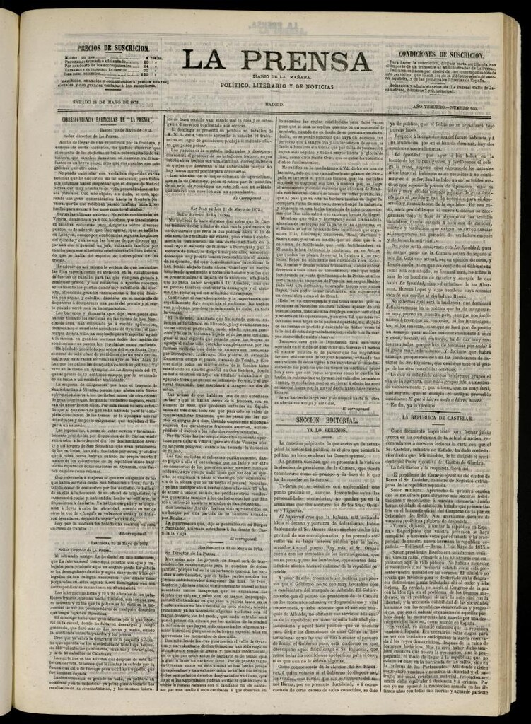 Miniatura de La Prensa : diario de la mañana : político, literario y de noticias del 24 de mayo de 1873, nº 655