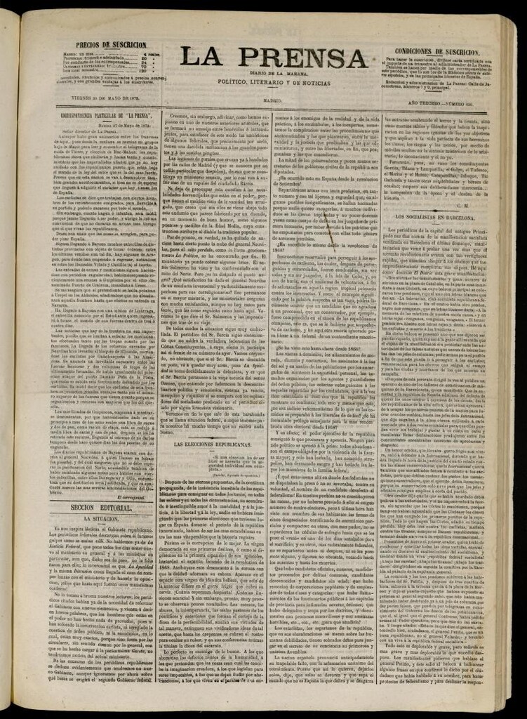 Miniatura de La Prensa : diario de la mañana : político, literario y de noticias del 30 de mayo de 1873, nº 650 [sic]