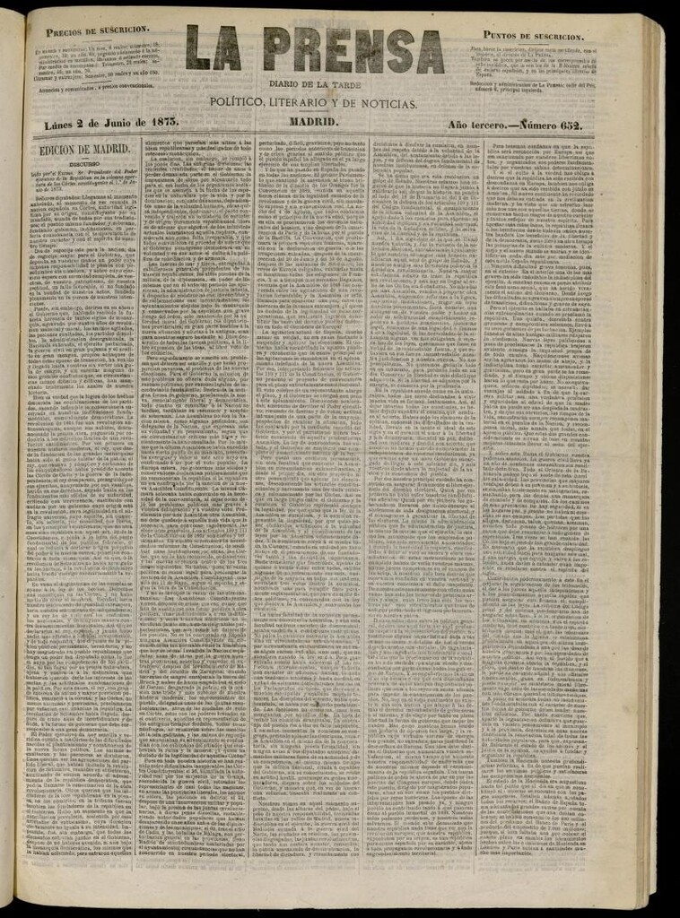 Miniatura de La Prensa : diario de la mañana : político, literario y de noticias del 2 de junio de 1873, nº 652 [sic]