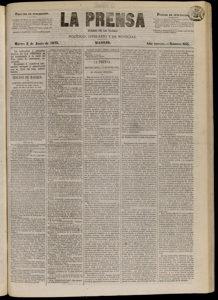 Miniatura de La Prensa : diario de la mañana : político, literario y de noticias del 3 de junio de 1873, nº 653 [sic]