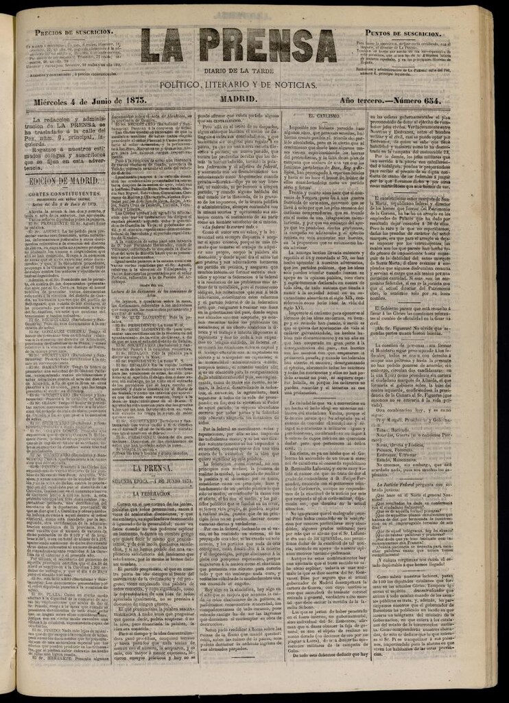 Miniatura de La Prensa : diario de la mañana : político, literario y de noticias del 4 de junio de 1873, nº 654 [sic]
