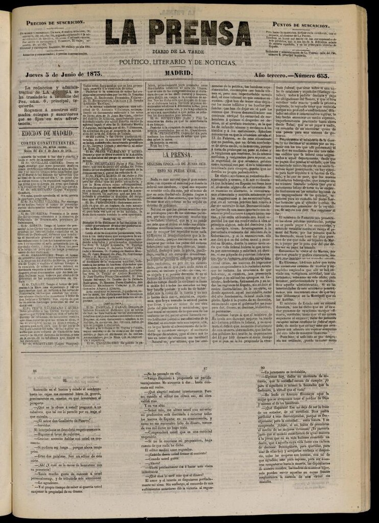 Miniatura de La Prensa : diario de la mañana : político, literario y de noticias del 5 de junio de 1873, nº 655 [sic]