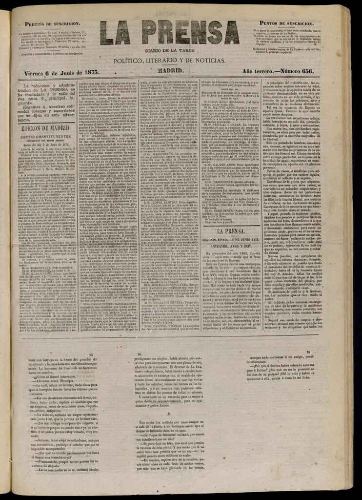 Miniatura de La Prensa : diario de la mañana : político, literario y de noticias del 6 de junio de 1873, nº 656