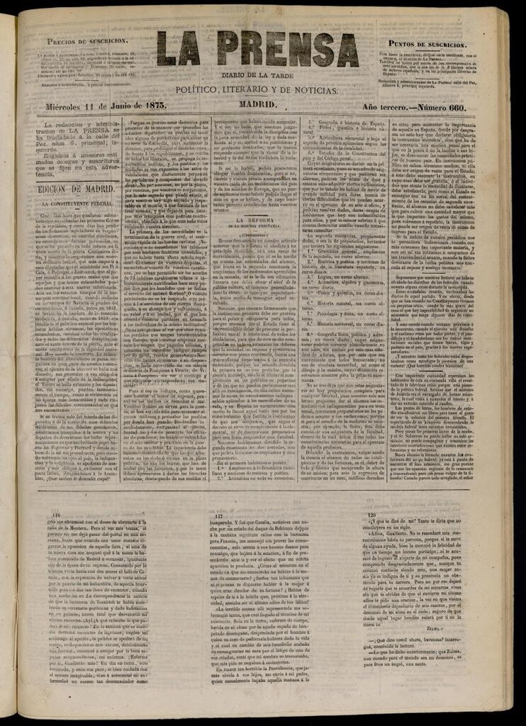 Miniatura de La Prensa : diario de la mañana : político, literario y de noticias del 11 de junio de 1873, nº 660