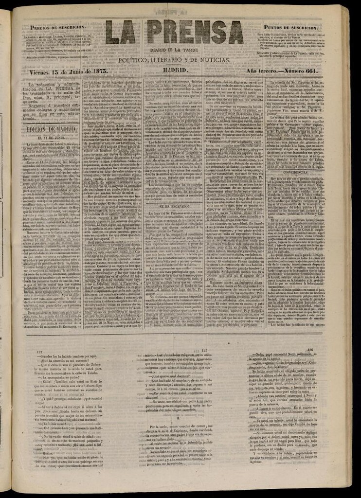 Miniatura de La Prensa : diario de la mañana : político, literario y de noticias del 13 de junio de 1873, nº 661