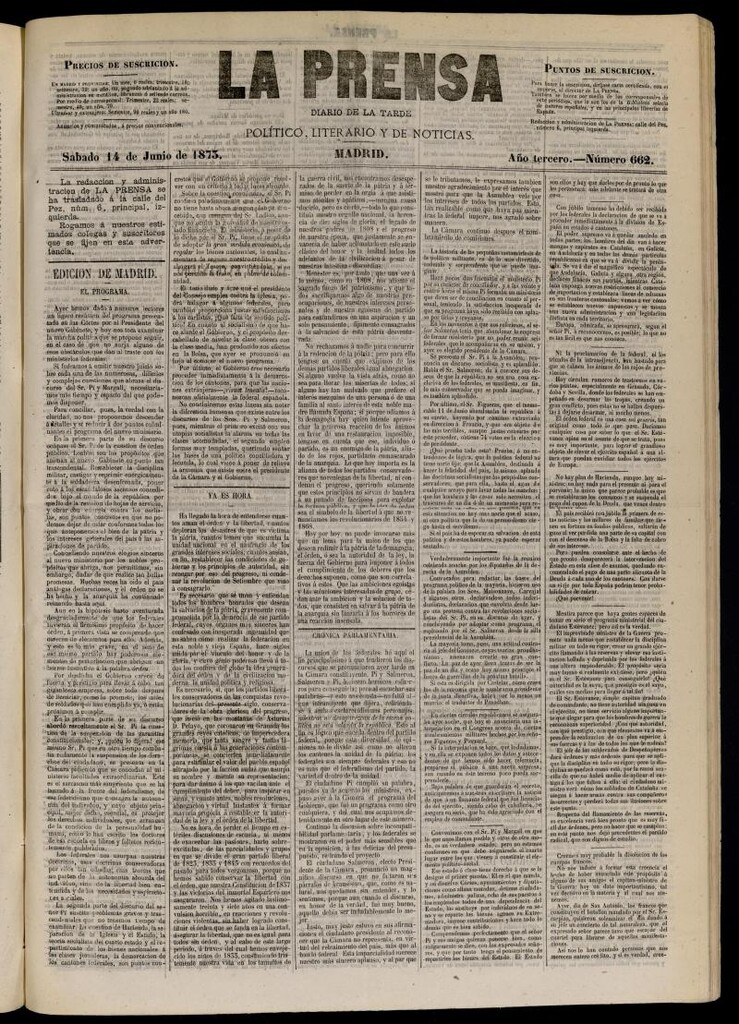 Miniatura de La Prensa : diario de la mañana : político, literario y de noticias del 14 de junio de 1873, nº 662