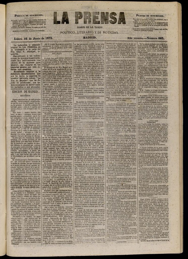 Miniatura de La Prensa : diario de la mañana : político, literario y de noticias del 16 de junio de 1873, nº 663