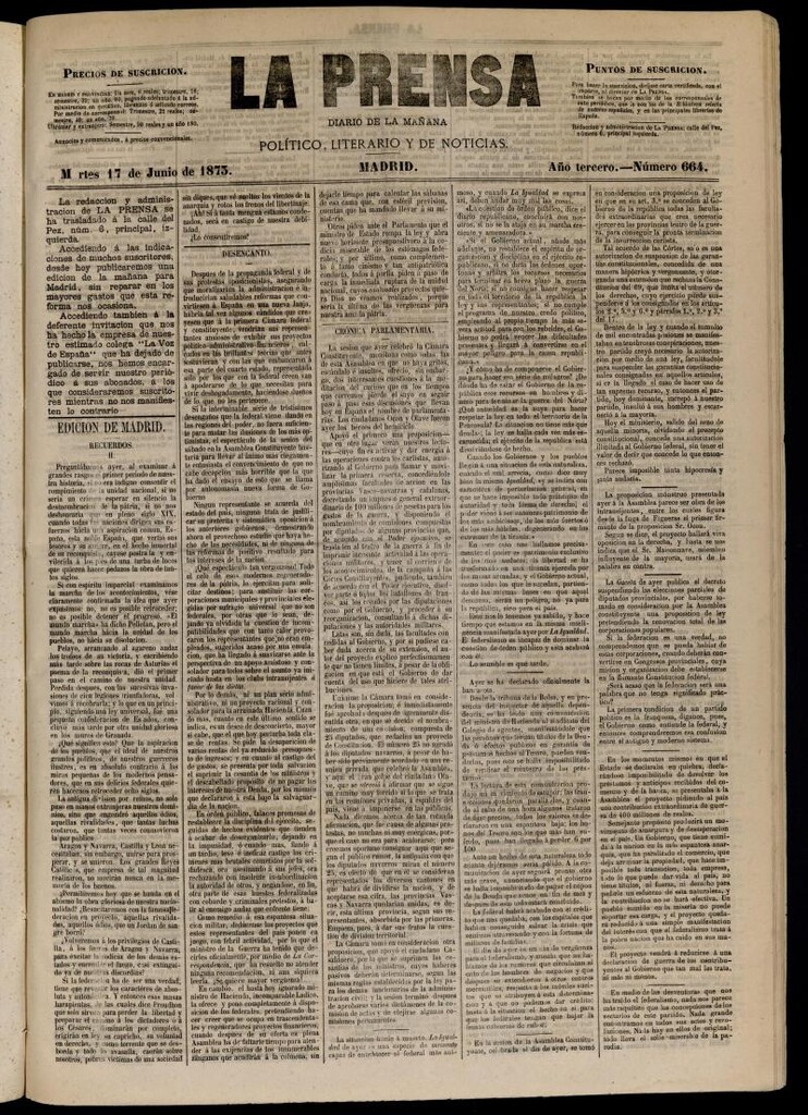 Miniatura de La Prensa : diario de la mañana : político, literario y de noticias del 17 de junio de 1873, nº 664