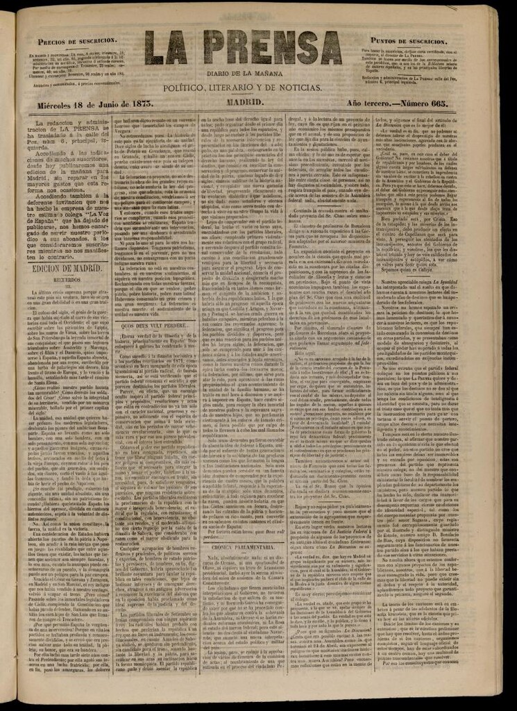Miniatura de La Prensa : diario de la mañana : político, literario y de noticias del 18 de junio de 1873, nº 665