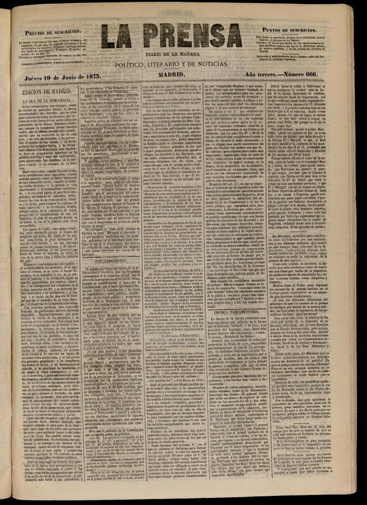 Miniatura de La Prensa : diario de la mañana : político, literario y de noticias del 19 de junio de 1873, nº 666