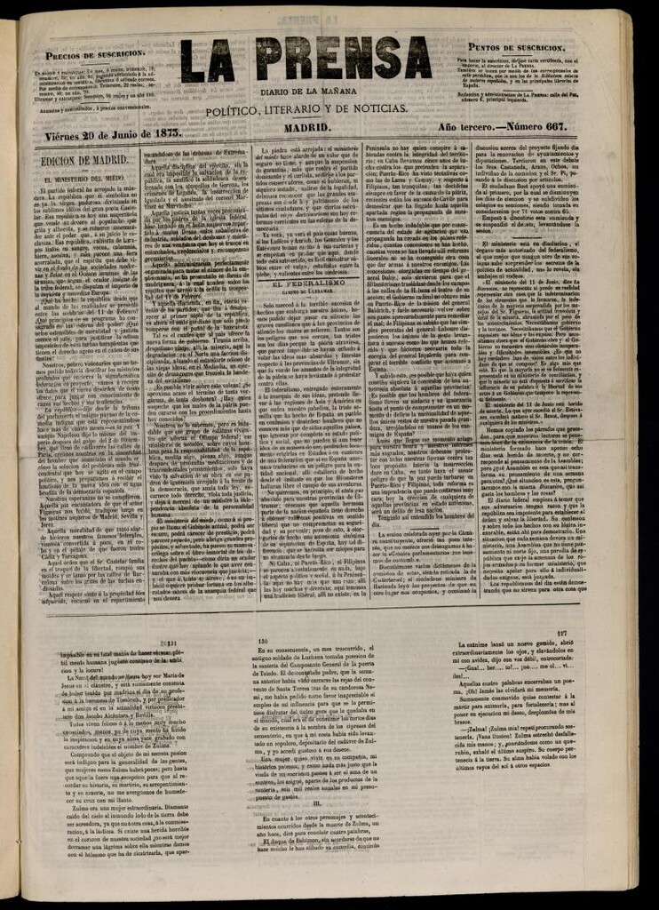 Miniatura de La Prensa : diario de la mañana : político, literario y de noticias del 20 de junio de 1873, nº 667