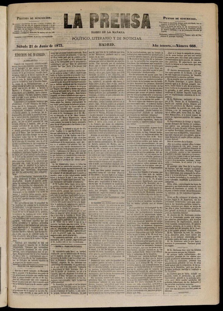 Miniatura de La Prensa : diario de la mañana : político, literario y de noticias del 21 de junio de 1873, nº 668