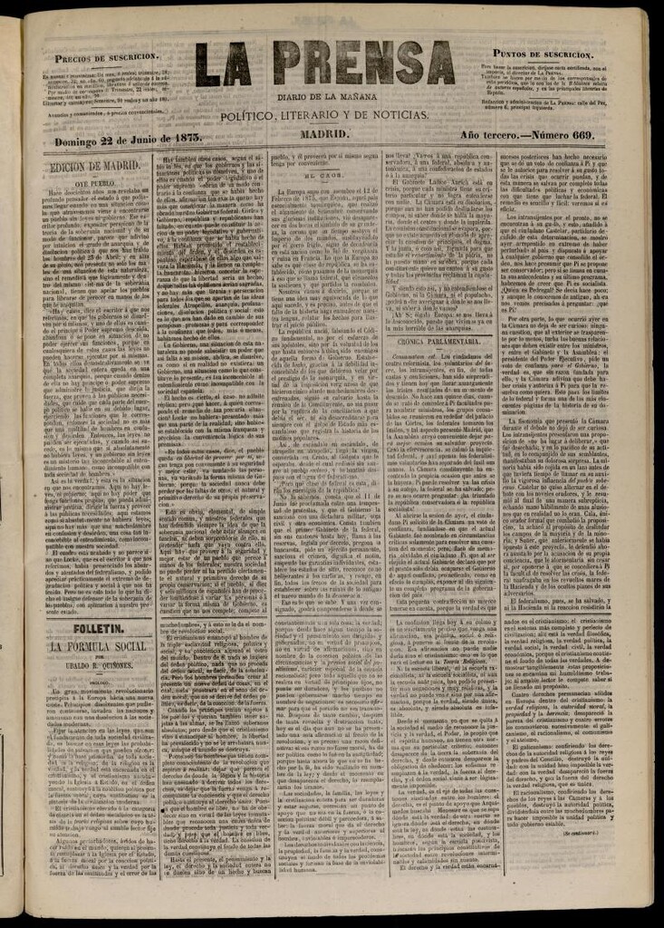 Miniatura de La Prensa : diario de la mañana : político, literario y de noticias del 22 de junio de 1873, nº 669