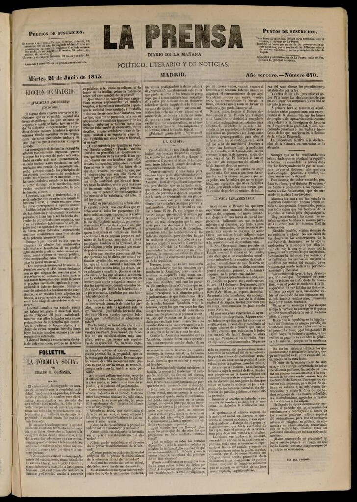 Miniatura de La Prensa : diario de la mañana : político, literario y de noticias del 24 de junio de 1873, nº 670